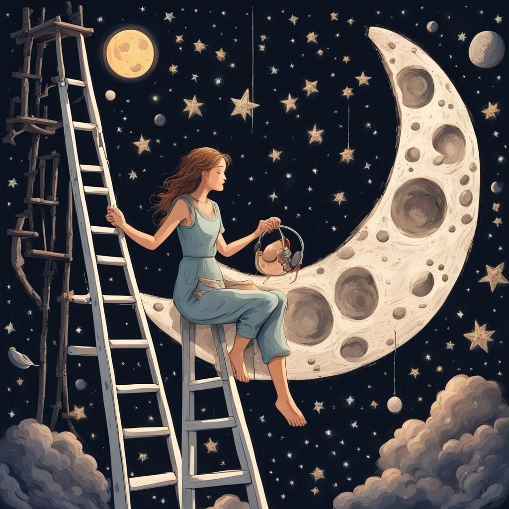 Girl Cleans Moon in Peaceful Outer Space Scene