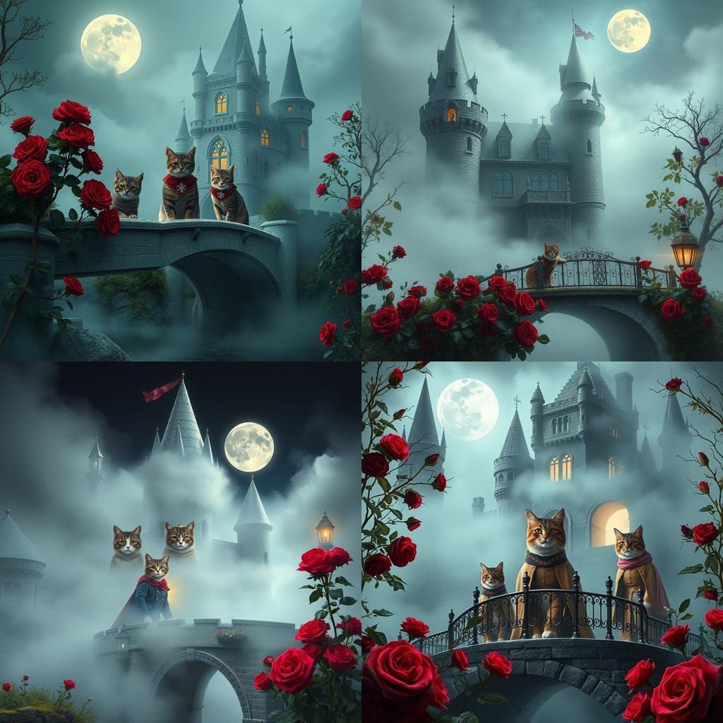 Surreal Castle with Anthropomorphic Cats in Mist
