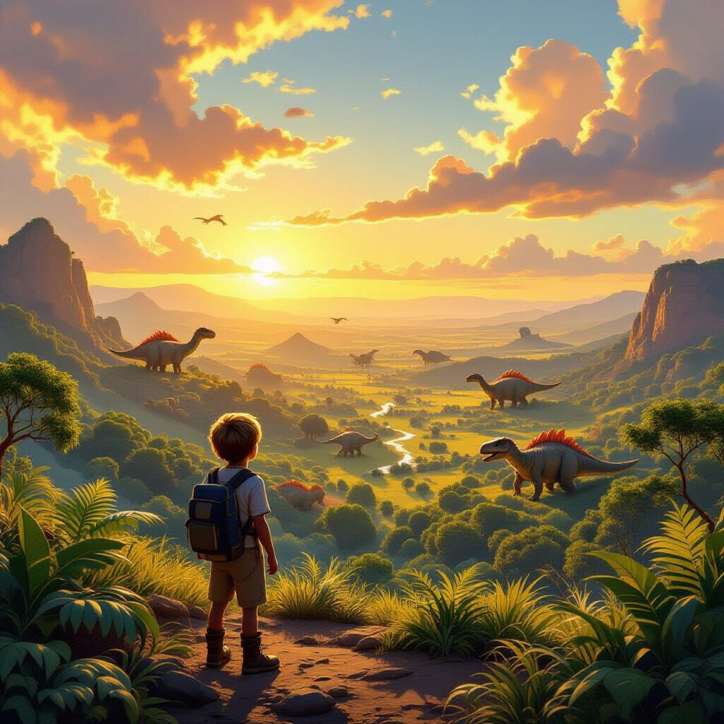 Boy Jindra in Prehistoric Landscape with Dinosaurs