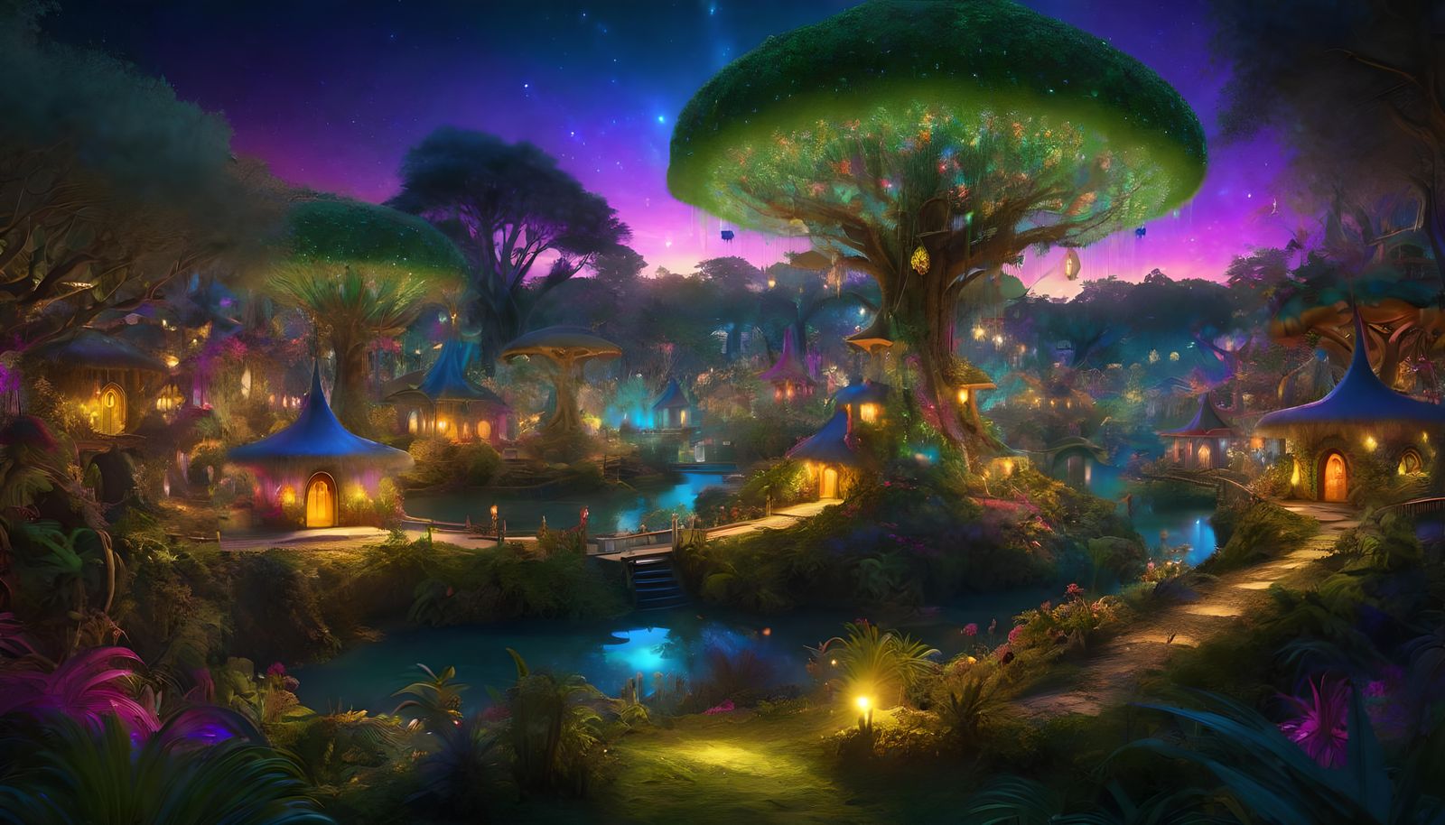 Enchanted Elven Village with Fairies in Psychedelic Forest
