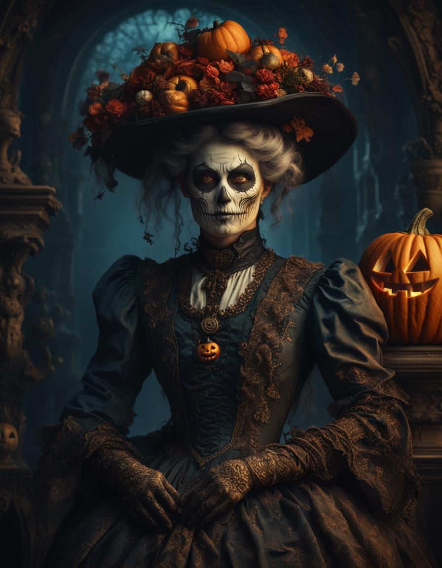 Spooky Antique Halloween Portrait of Woman in Costume