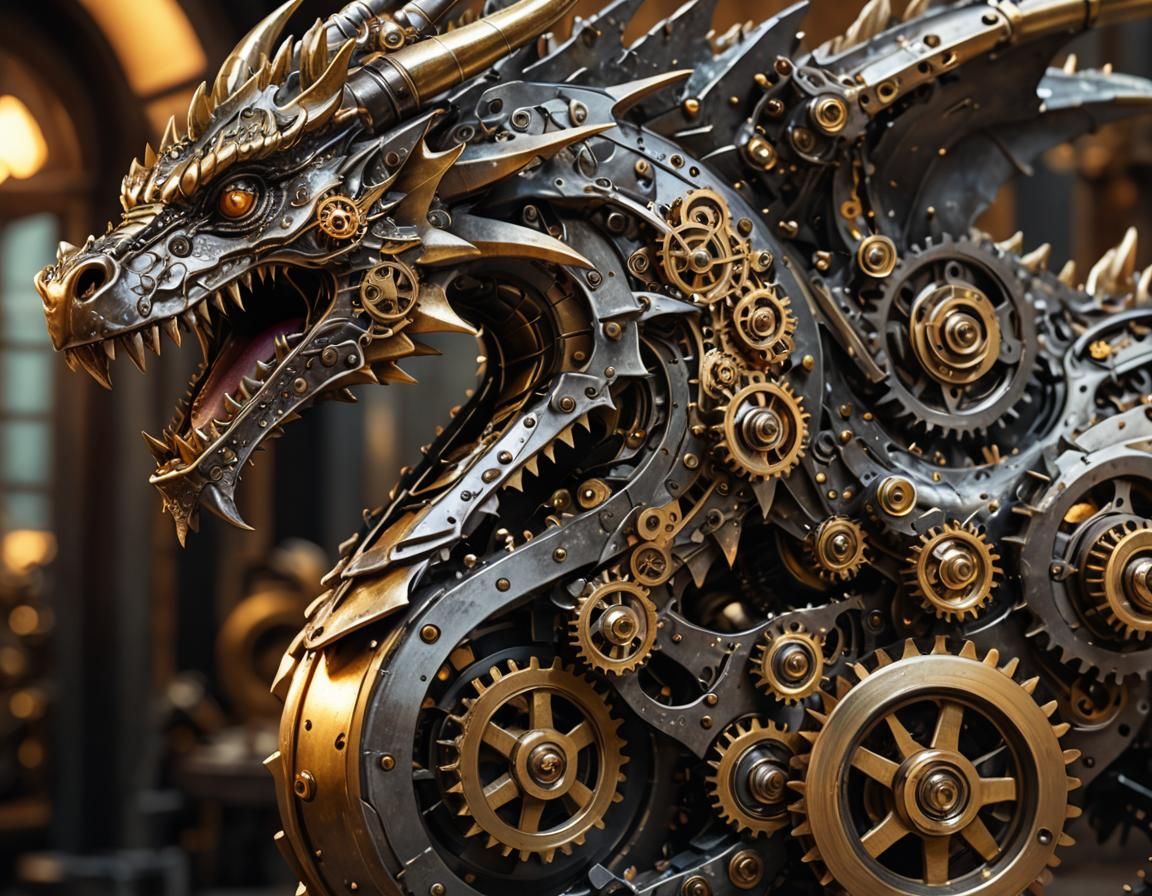 Majestic Mechanical Dragon Sculpture in Industrial Fantasy S...