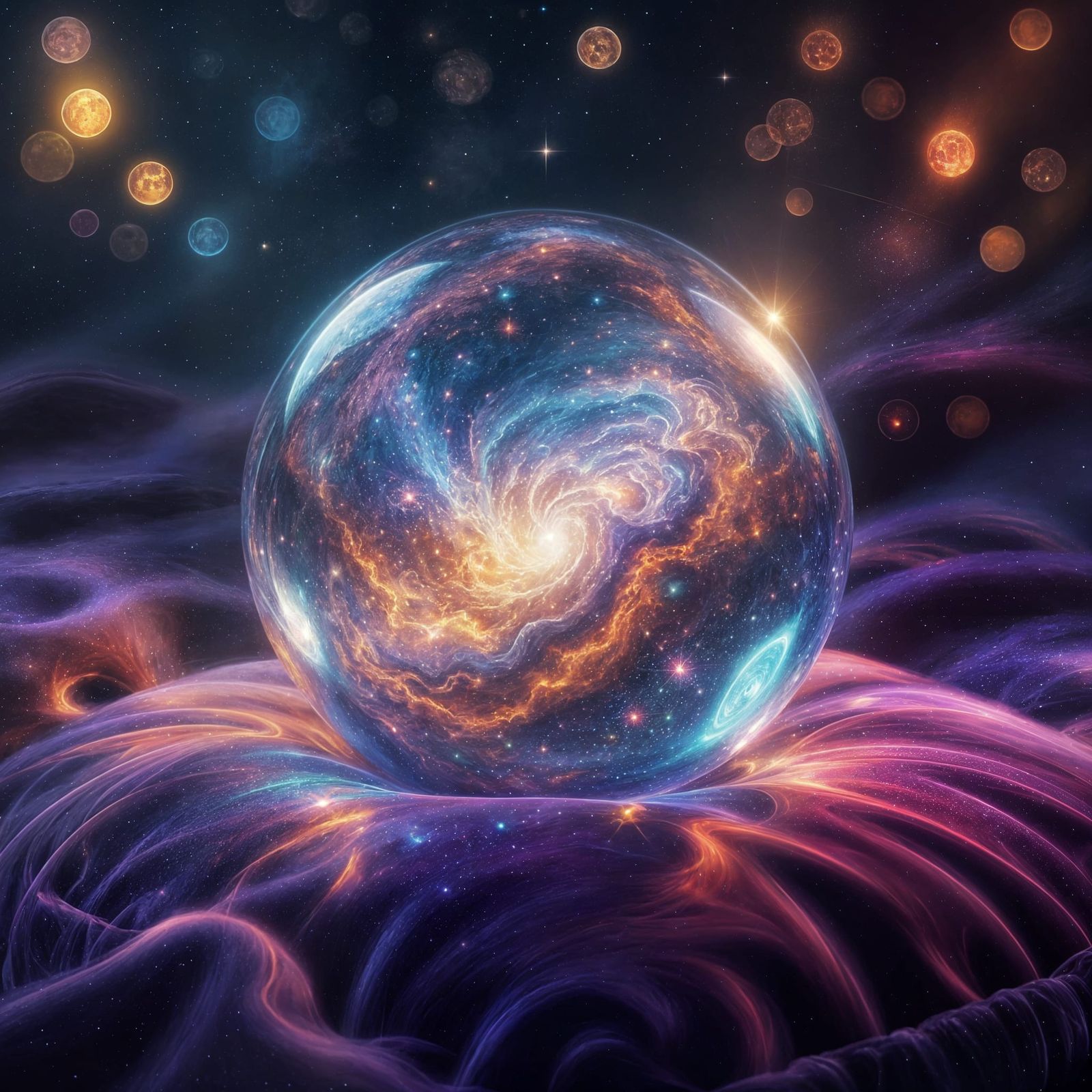 Cosmic Glass Orb with Nebulae and Stardust