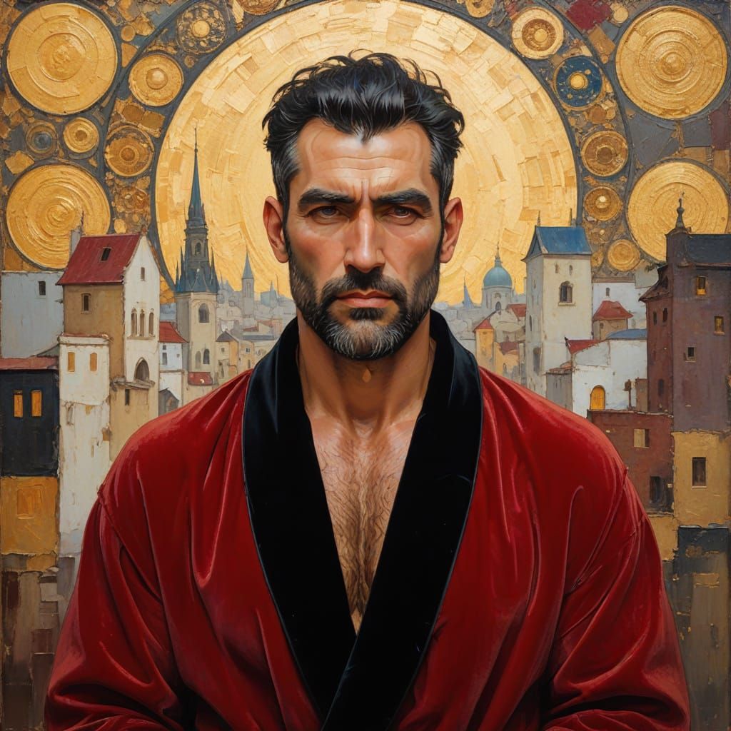 Handsome Man in Red Robe, Impasto Oil Painting