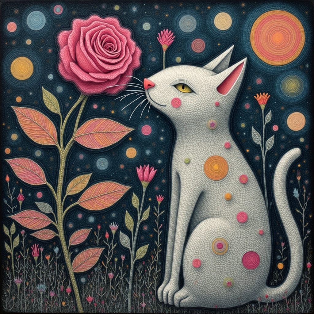 A cat sniffing a rose