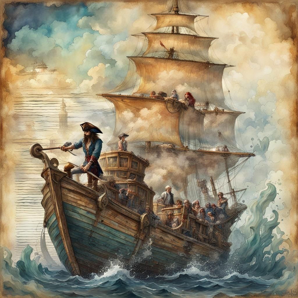 Pirate Ship on Journal Page in Watercolor Style