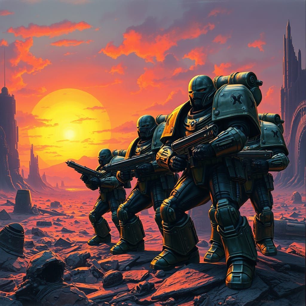 Gritty Space Marines Stand Heroically in Industrial Futurist...