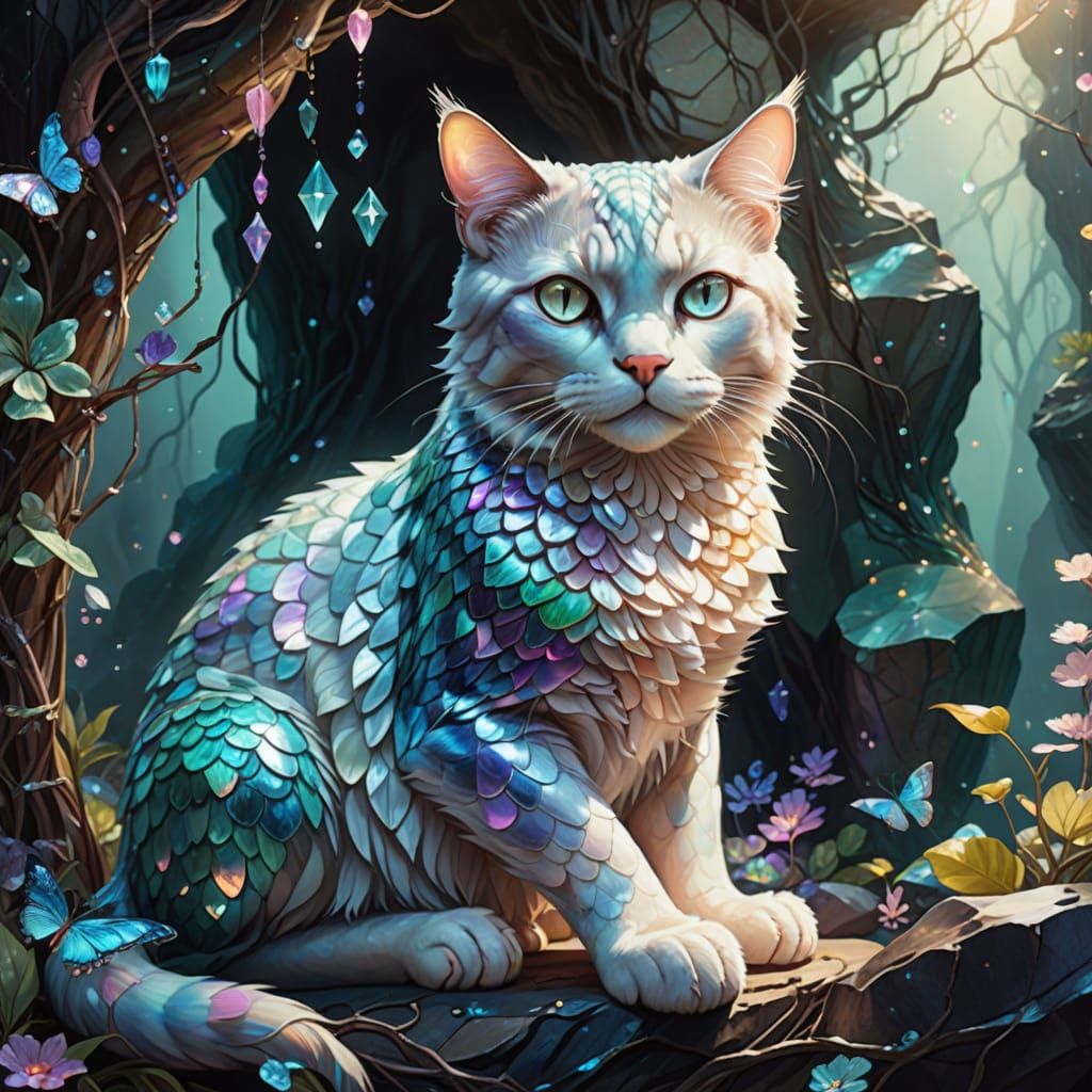 Mother-of-Pearl Cat in Surreal Fantasy Landscape