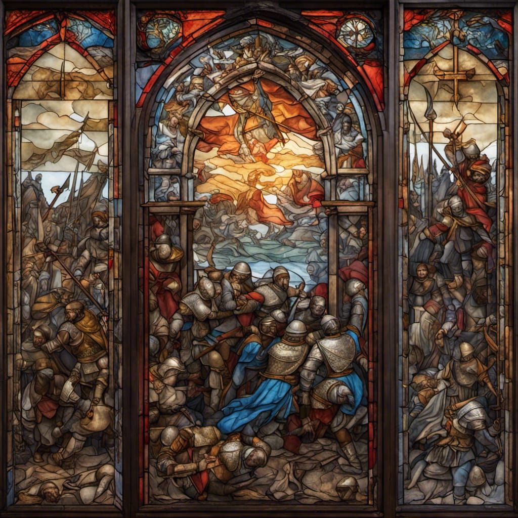 Crusades Battle Scene in Stained Glass Triptych