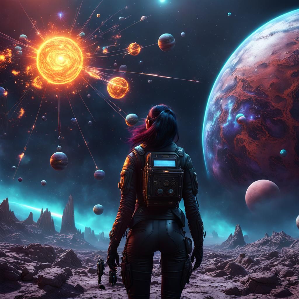 Goth Girl Blows Up Solar System: Detailed Matte Painting