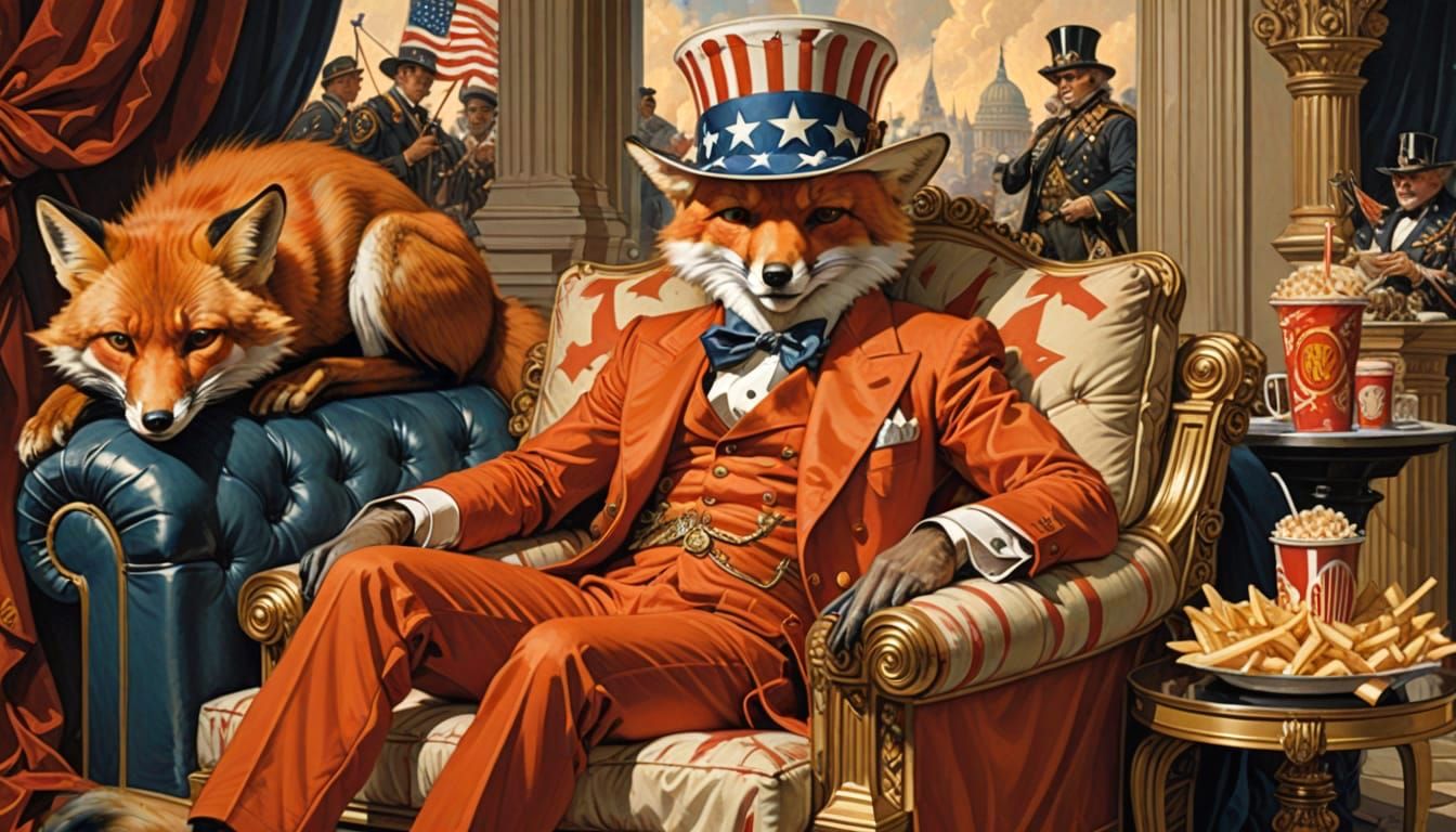 Anthropomorphic Fox as Uncle Sam in Maximalist Style