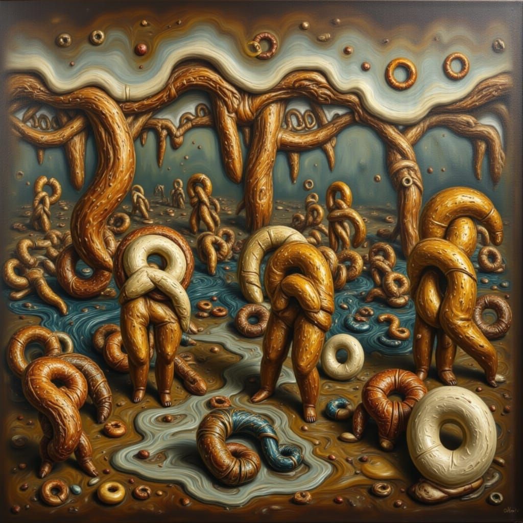 Surreal Pretzel People in Vivid Cinematic Lighting