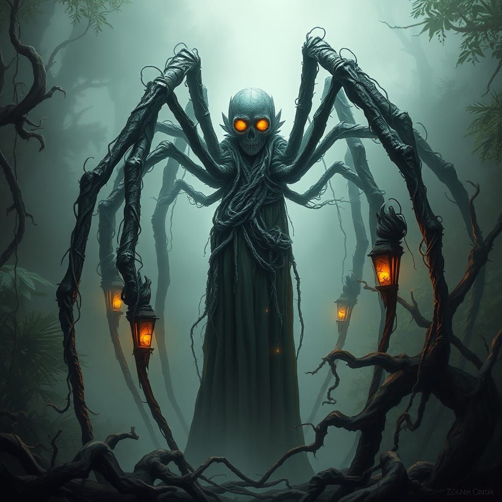 Eerie Spider Queen in Mystical Jungle Art