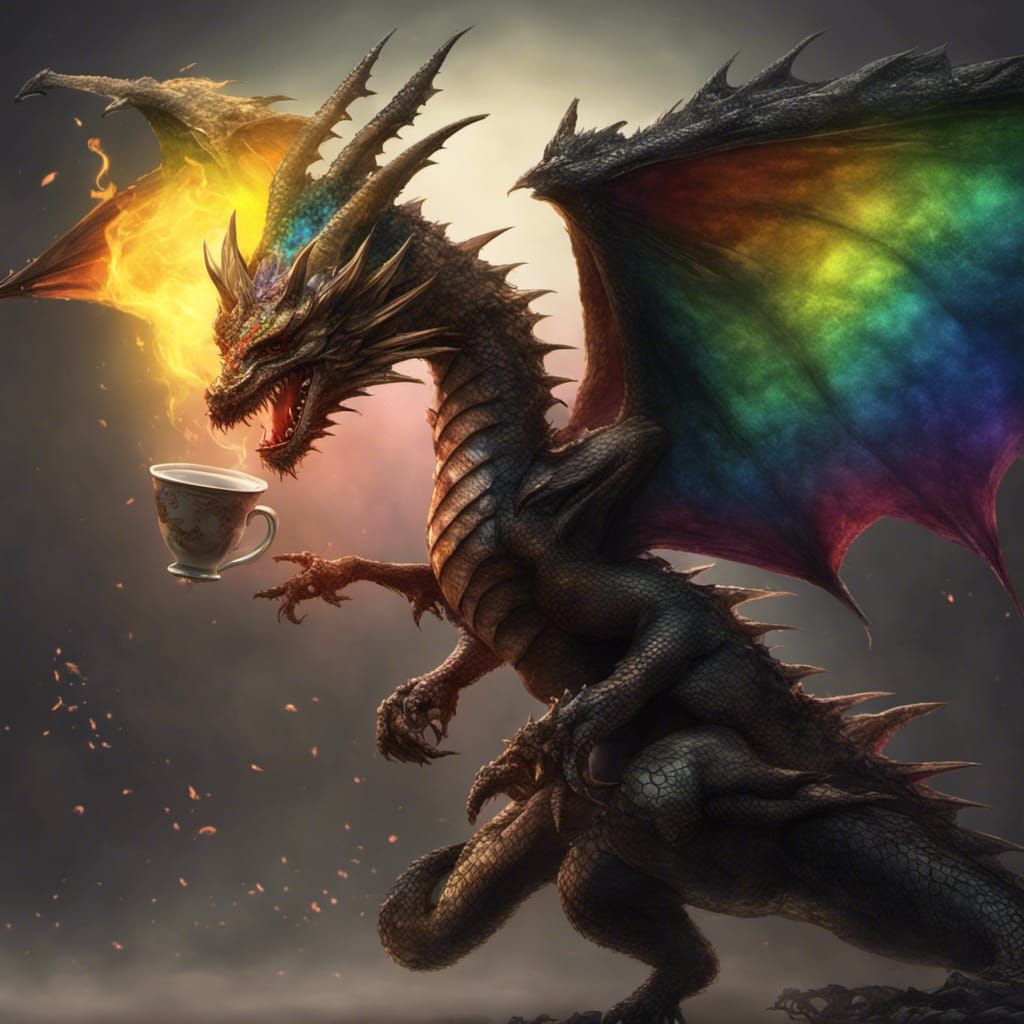 Rainbow Dragon with Teacup: Dark Fantasy Art