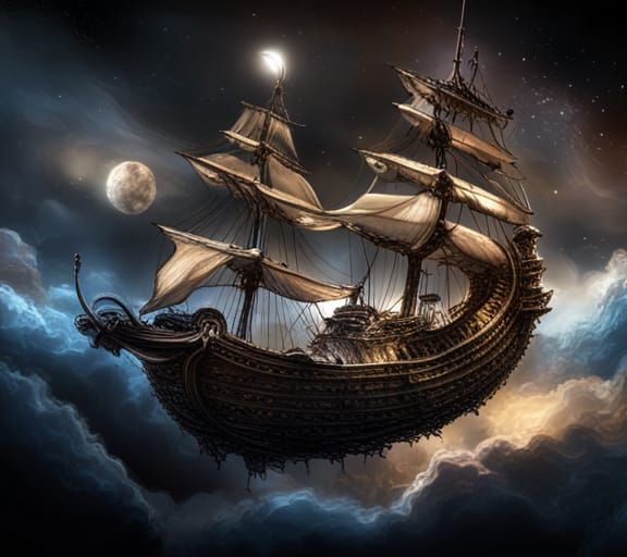Futuristic Silver Pirate Ship Flying in Cosmos