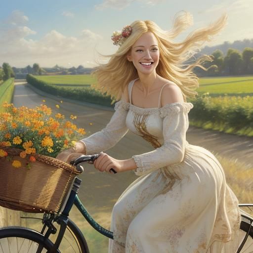 Impressionistic Blonde Woman on Bicycle with Gourds