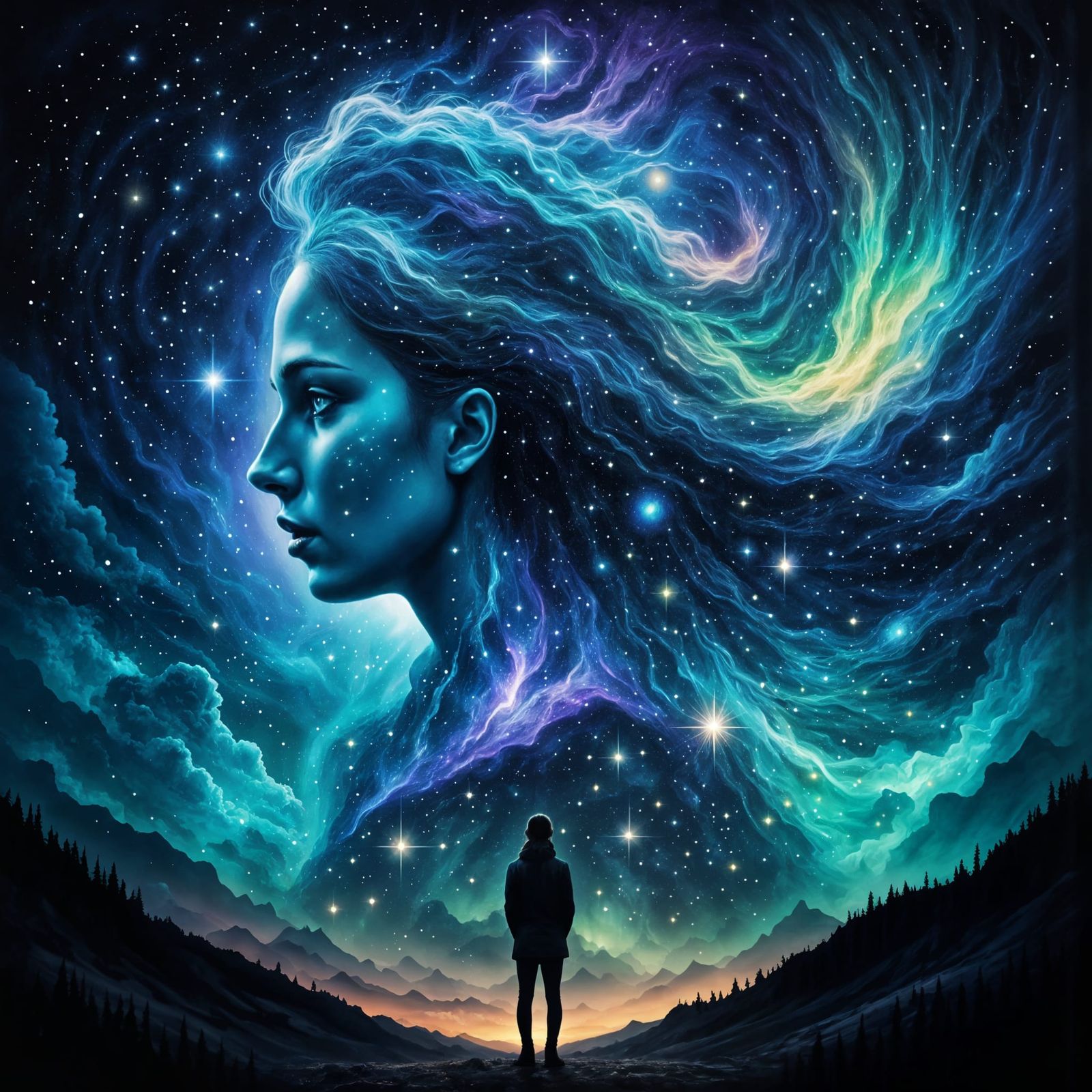 woman made of stars and galaxies