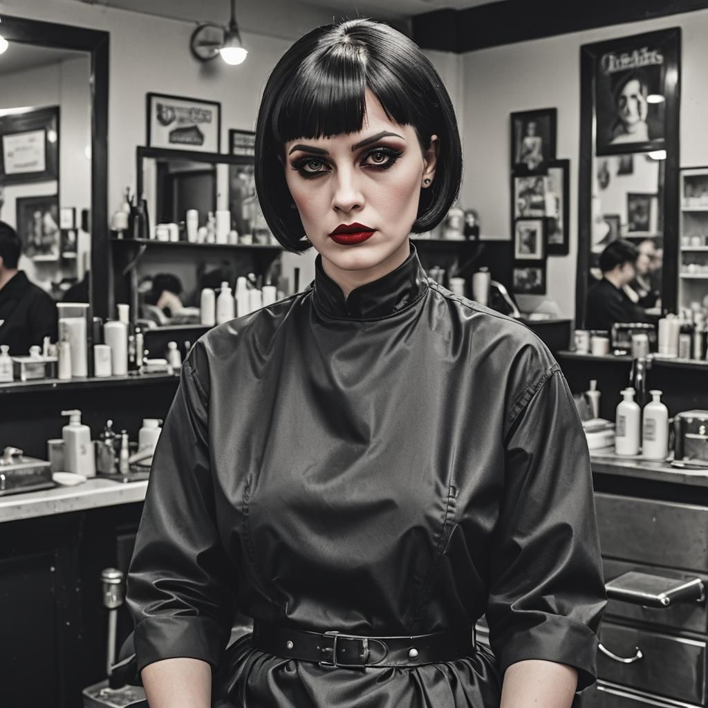 Gothic Barber Shop Scene in Hyperrealistic Splash Art