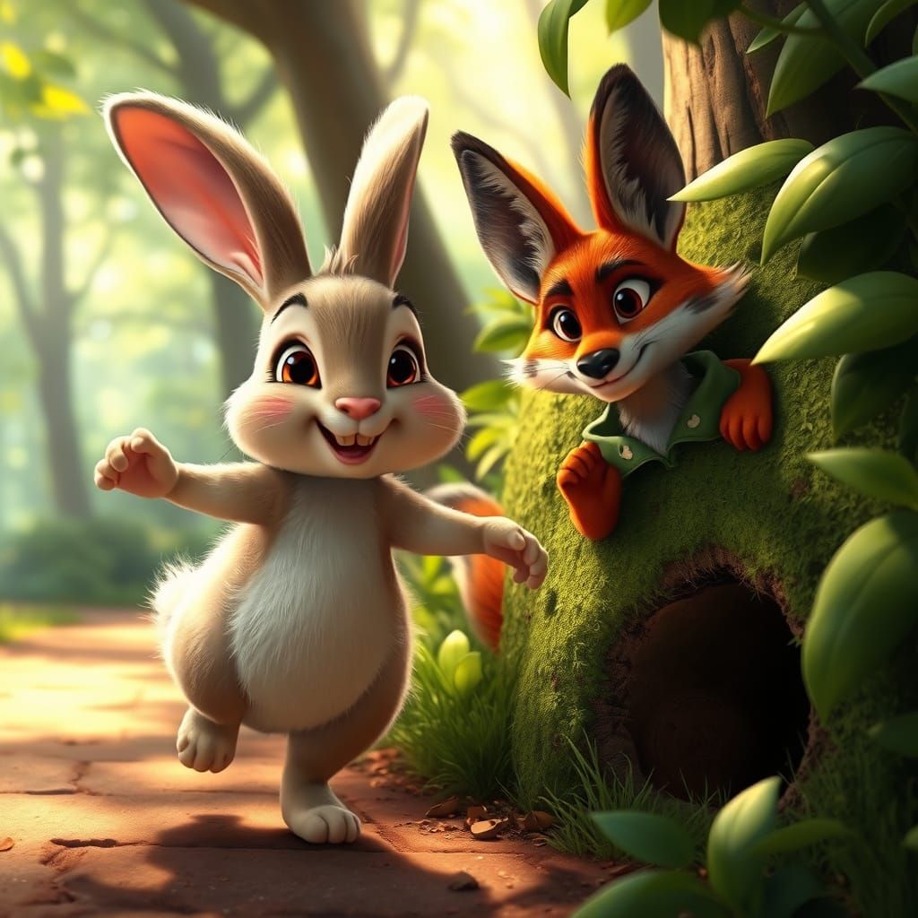 Rabbit and Fox Encounter in Pixar Style