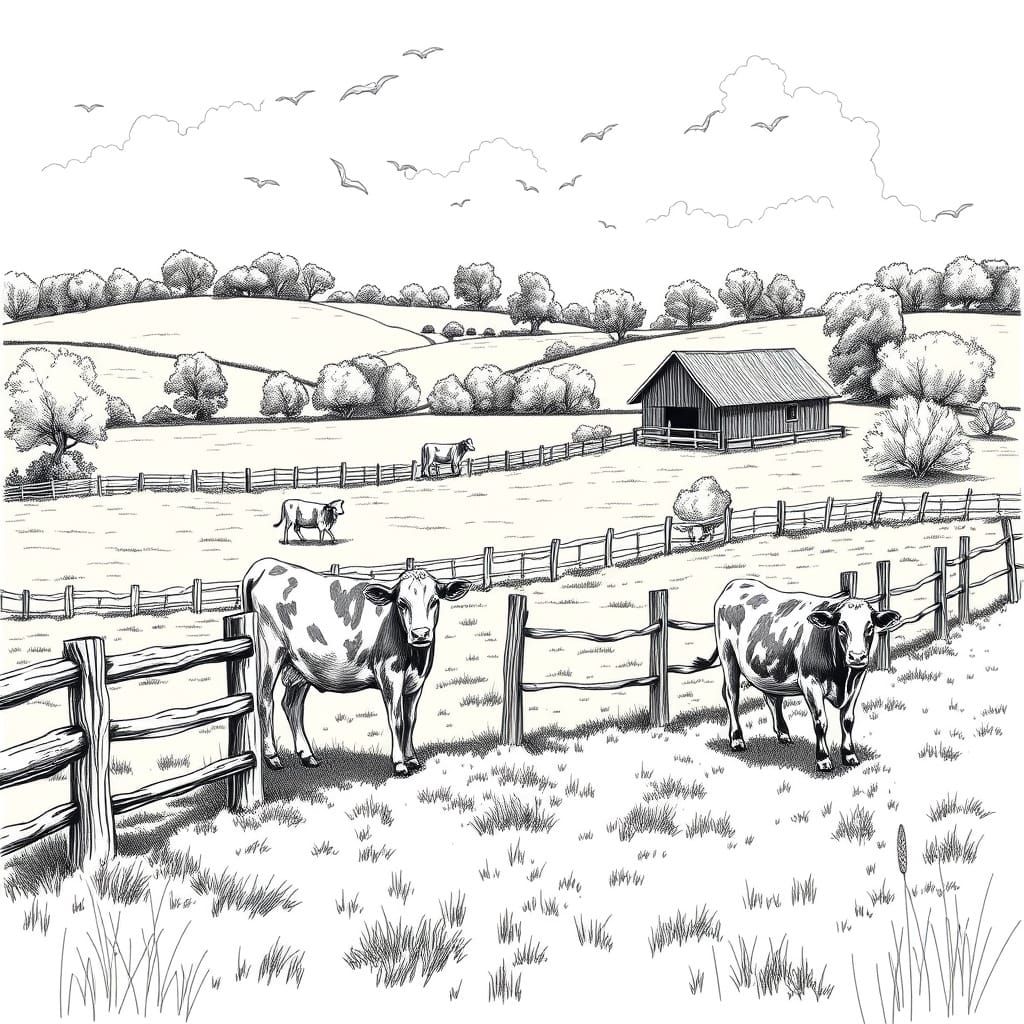 Farm with Cows: Black and White Sketch