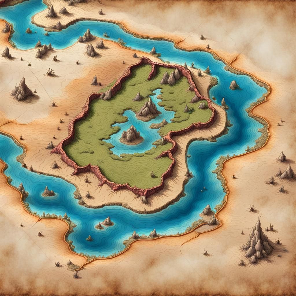 Fantasy Island Map on Ancient Parchment, Detailed Art