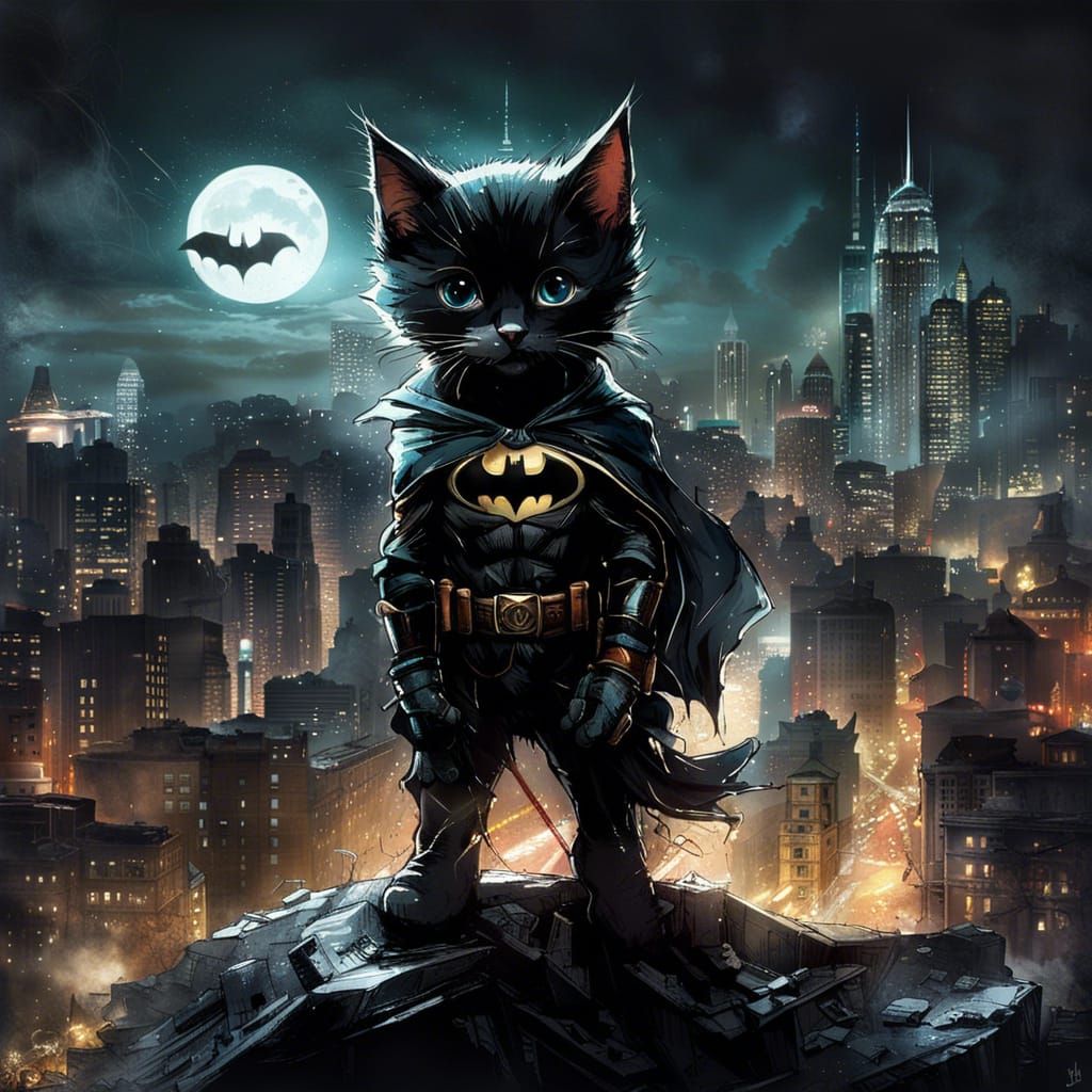 Hyperrealistic Kitten as Batman in Cityscape