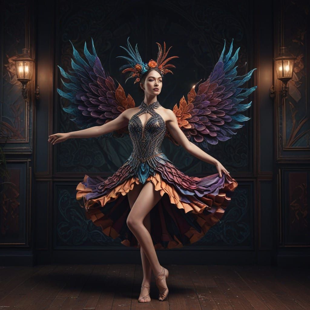 Woman in 3D Origami Attire with Fractal Patterns and Trompe....