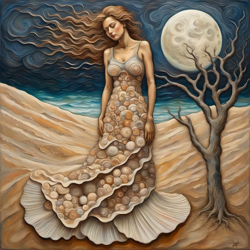 Woman in Seashell Dress: Impasto Painting