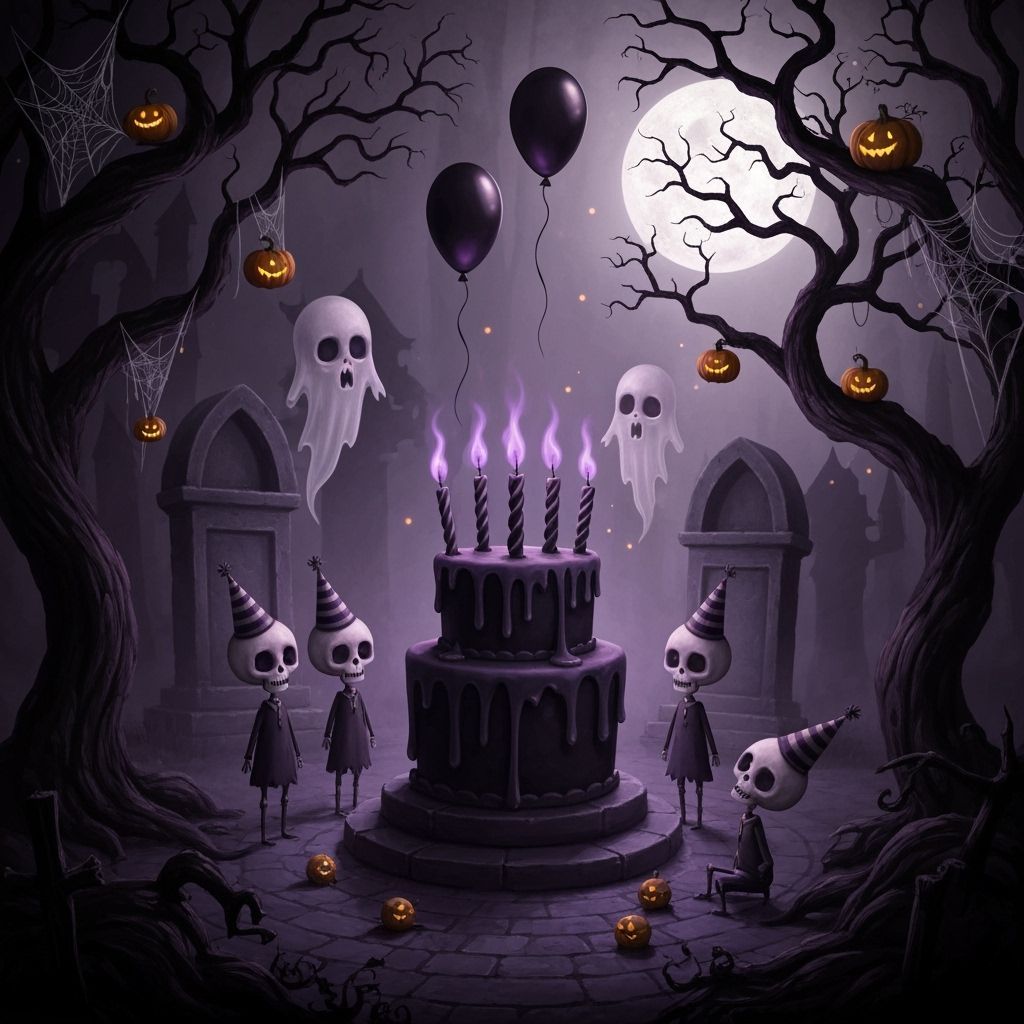 Spooky Birthday Cake with Skeletal Children in Crypt