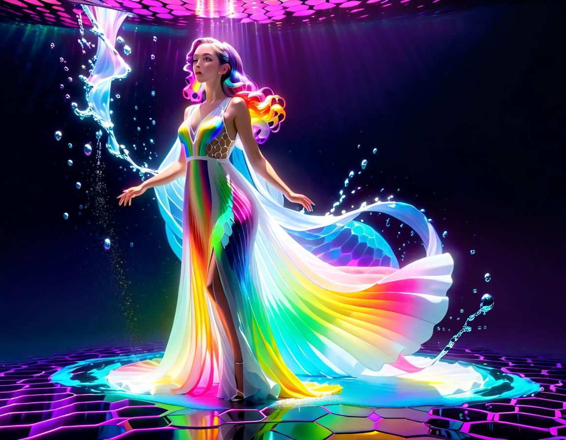 Neon Rainbow Woman in Flowing Dress