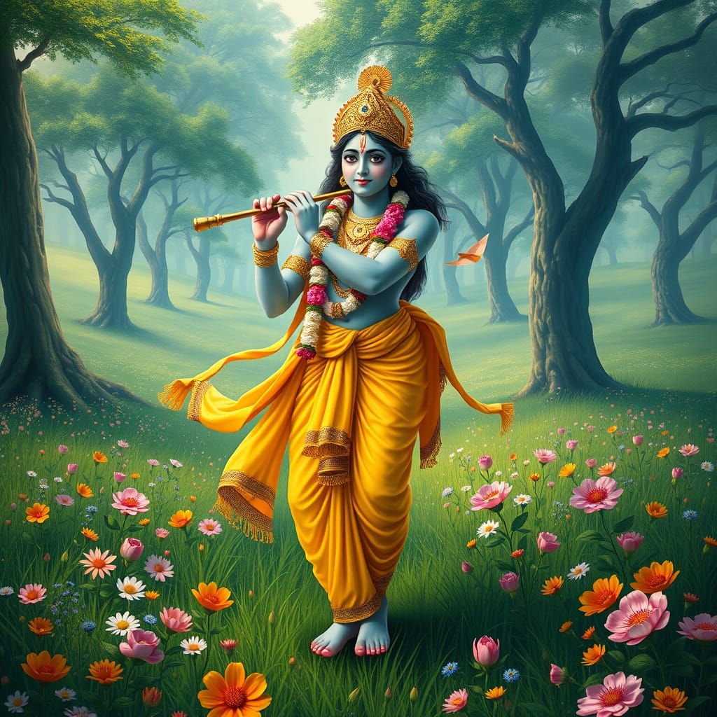 Lord Krishna in Lush Indian Landscape