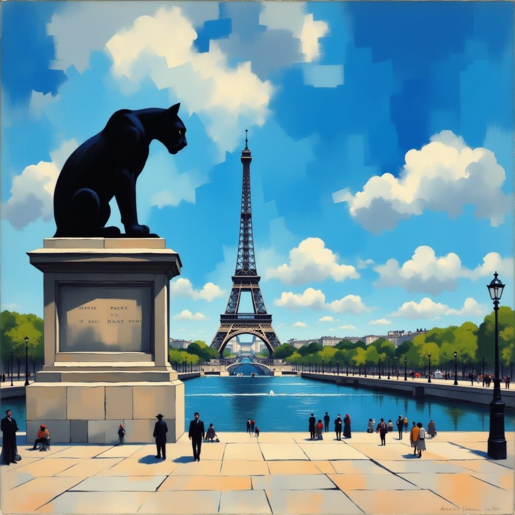 Panther in Paris with Azure Sky, Landscape Painting