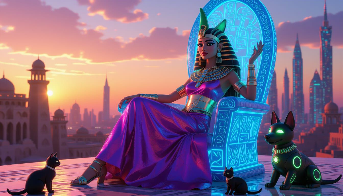 Egyptian Royalty in a Cyberpunk Cityscape