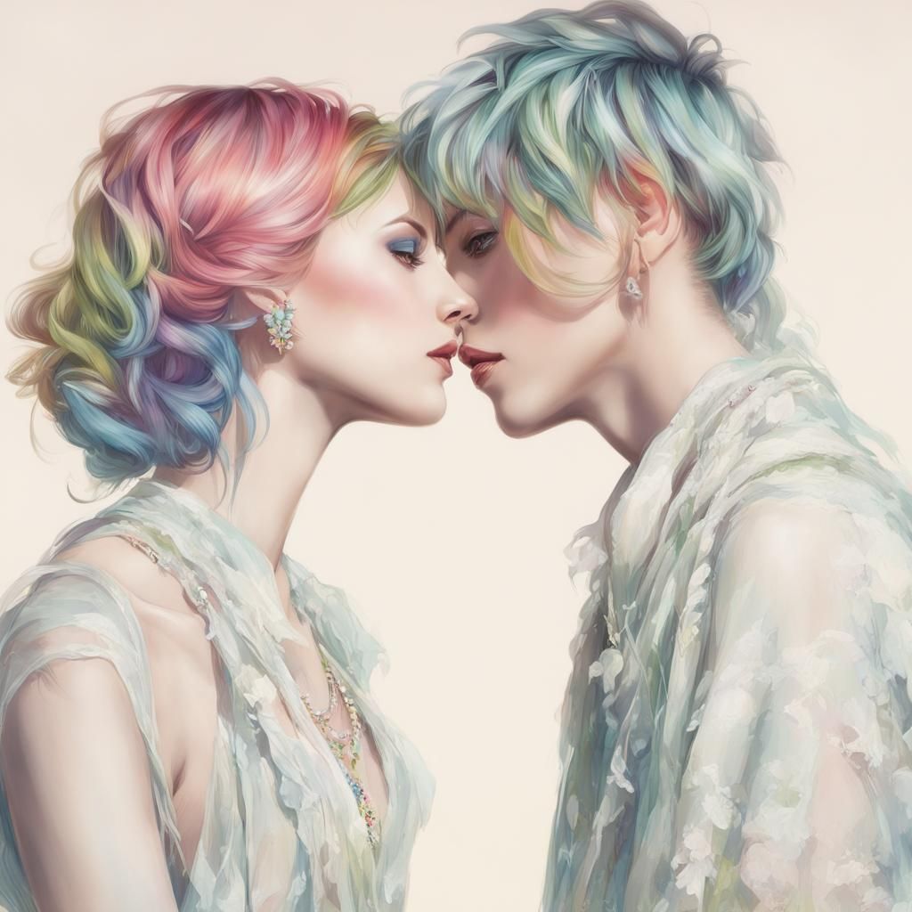 Rainbow Haired Beauty Near Waterfall, Hyperdetailed Art