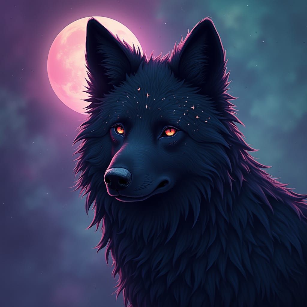 Galaxy Wolf with Crescent Moon, Ethereal Art
