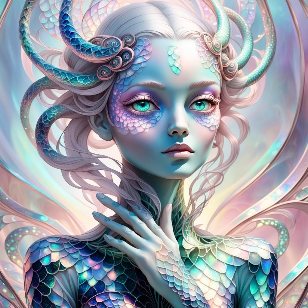 A mystical creature with delicate webbed hands, and a face a...