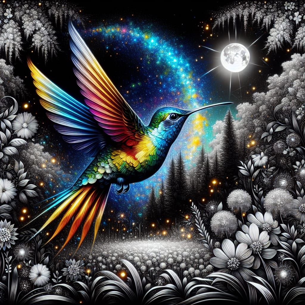 Hummingbird in Flight over Enchanted Garden