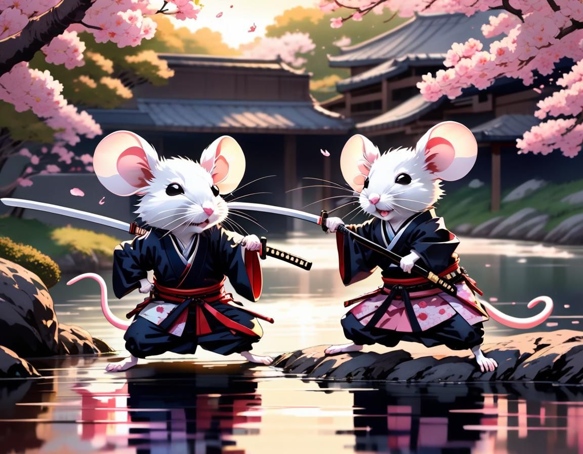 Samurai Mice in Formation Under Cherry Blossoms
