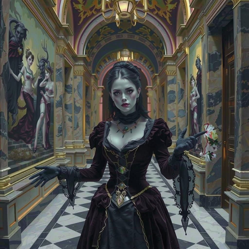 Cracked Porcelain Undead Lady in Marble Hall