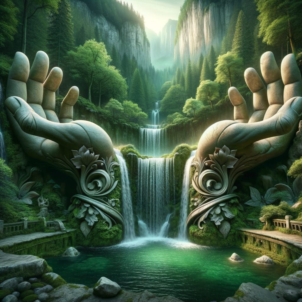 Stone Hands Offering Water in Emerald Forest
