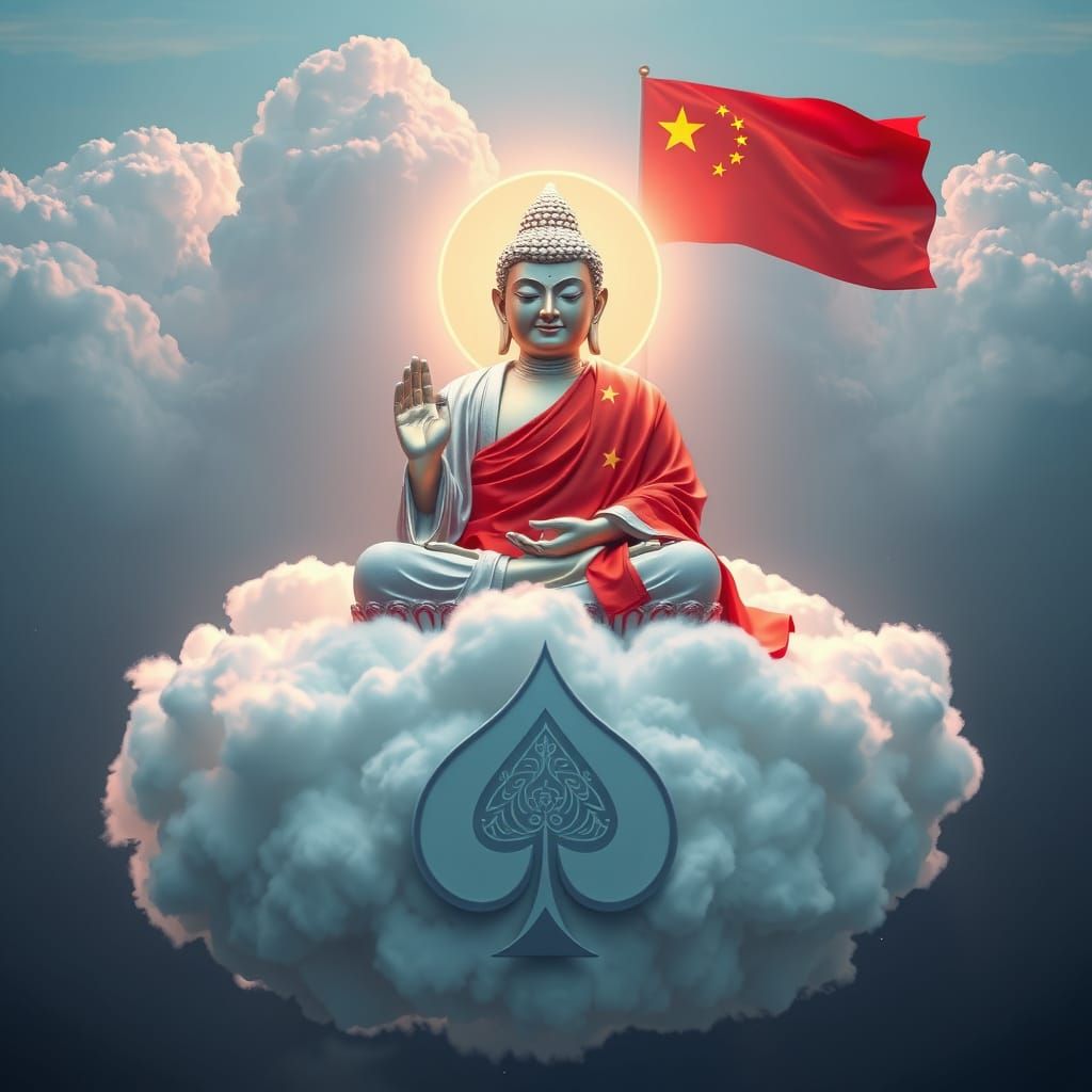 BHUDDA STATUE IN CHINESE FLAG SITTING ON A CLOUD WITH AN ACE OF SPADE LOGO