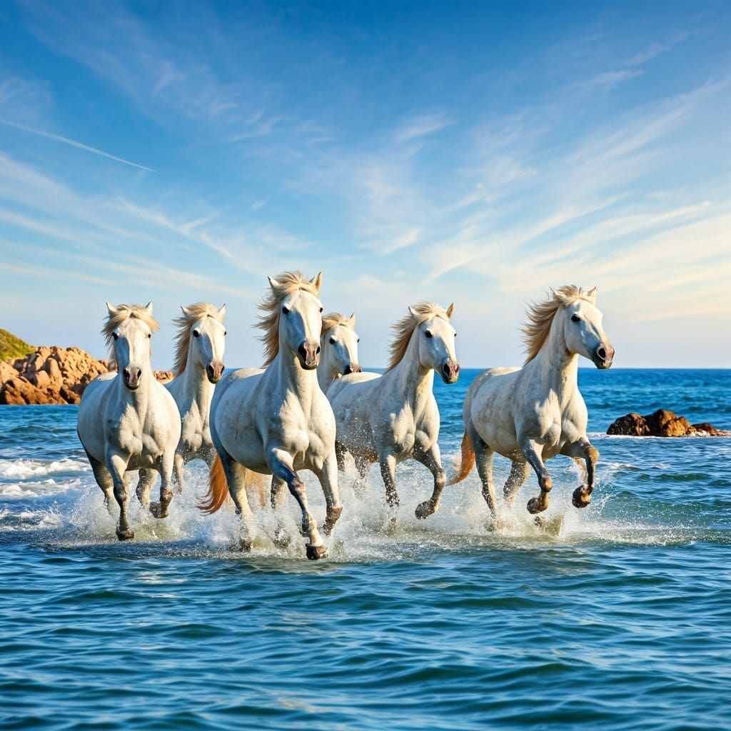 Majestic White Horses Galloping Through Ocean Waves
