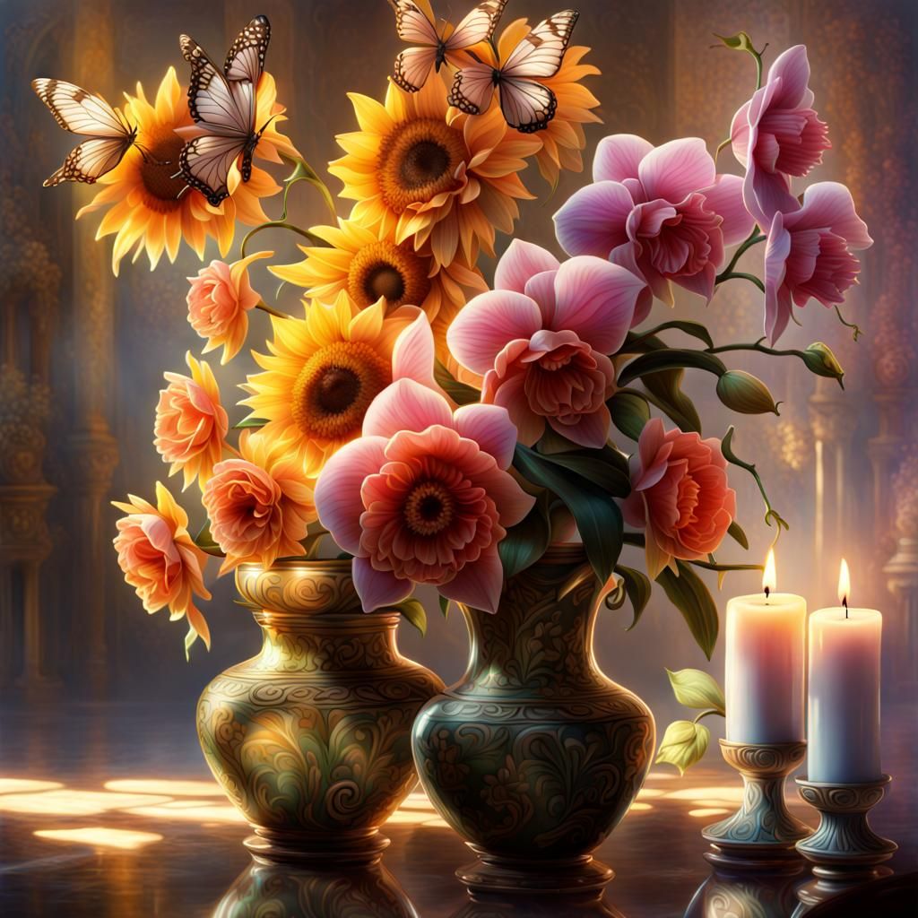 Floral Crete Vase with Candles and Butterfly