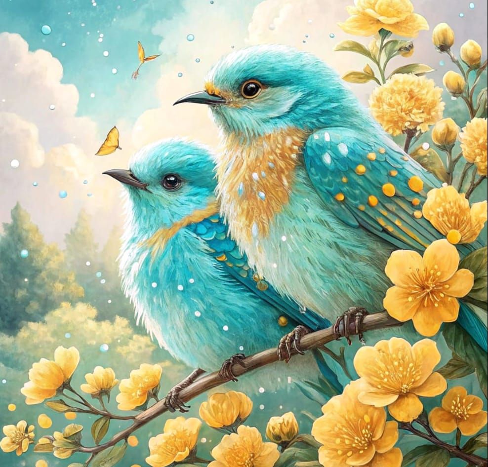 Turquoise Birds in Watercolor Blossom Garden
