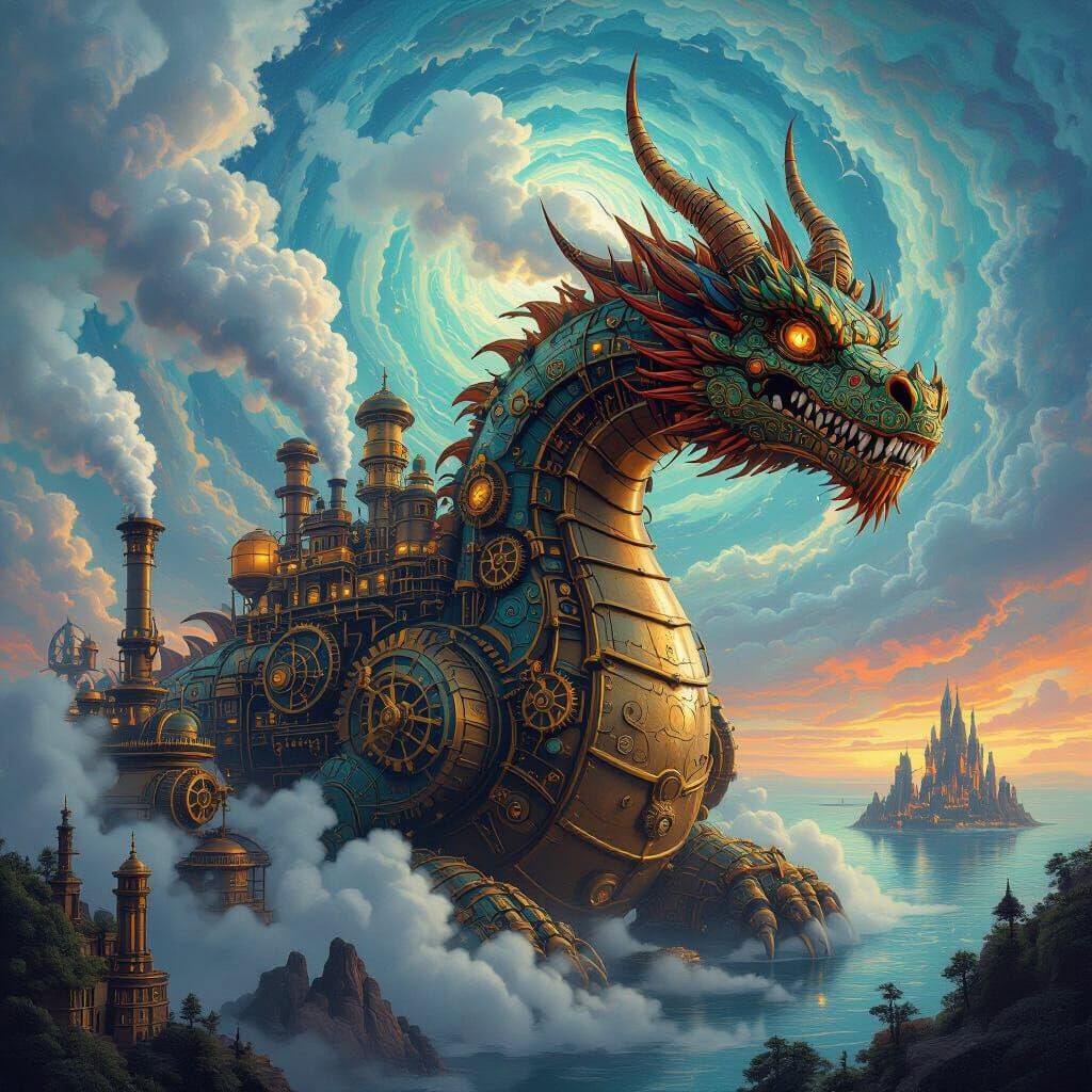 Steampunk Dragon Factory with Fractal Sky