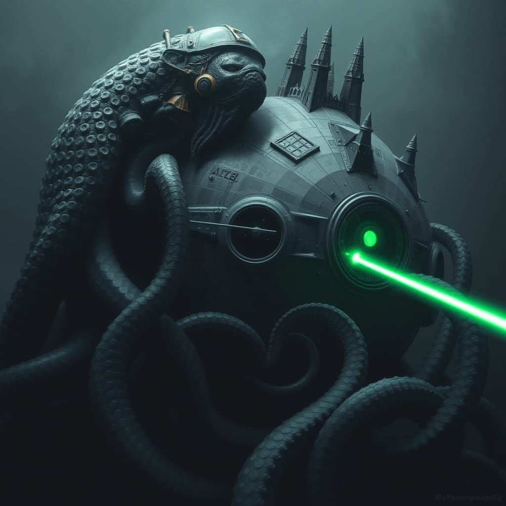 Lovecraftian Kraken Hugs Deathstar in Grayscale Dreamscape