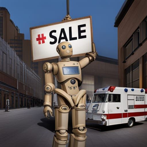 Cyborg Holding 'For Sale' Sign Near Hospital