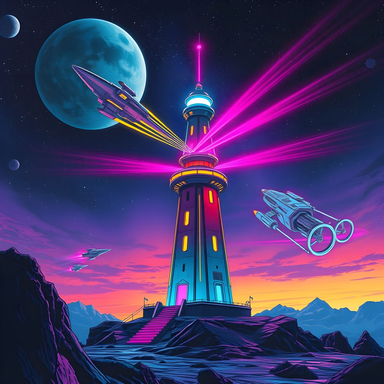 Futuristic Planetary Lighthouse Attracts Spacecraft