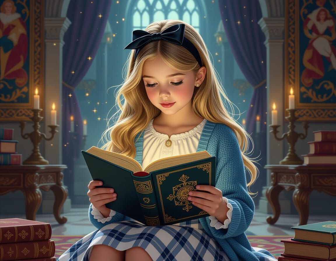 Girl Reads Fairytale Book in Mystical Castle