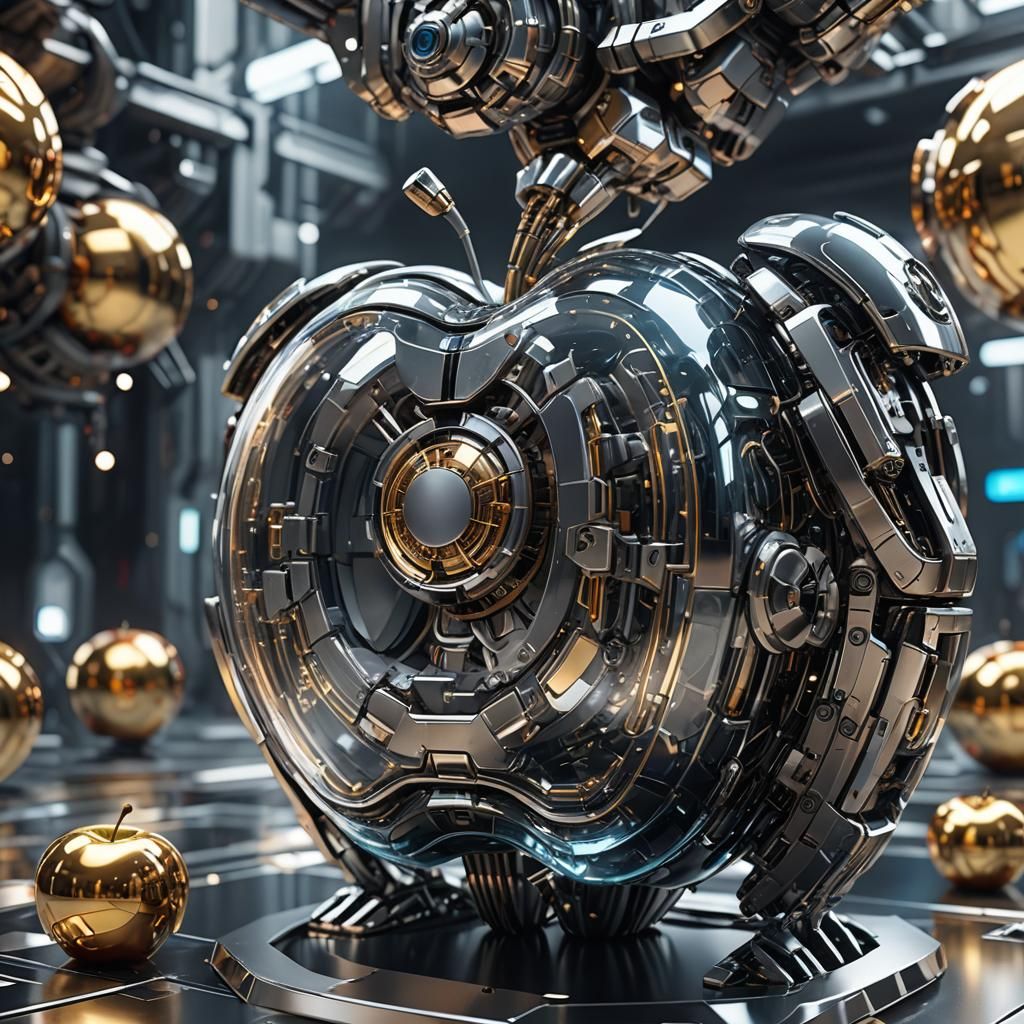 Cybernetic Glass Apple with Intricate Mech Details